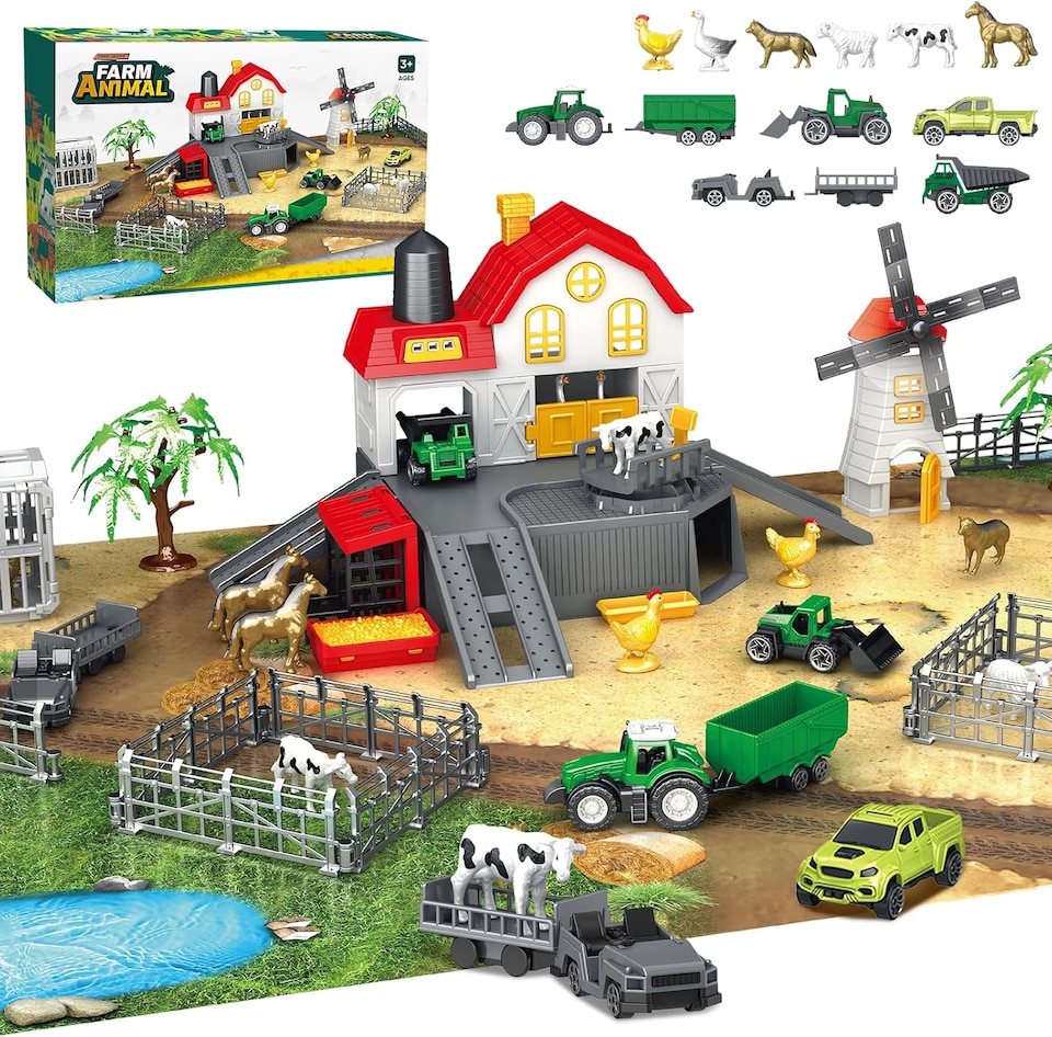 image 1 of 39PCS DIY Farm Animal Playset with Tractor Vehicles, Barn, Fences & Large Play Mat – Educational Farm Toy for Kids Ages 3+