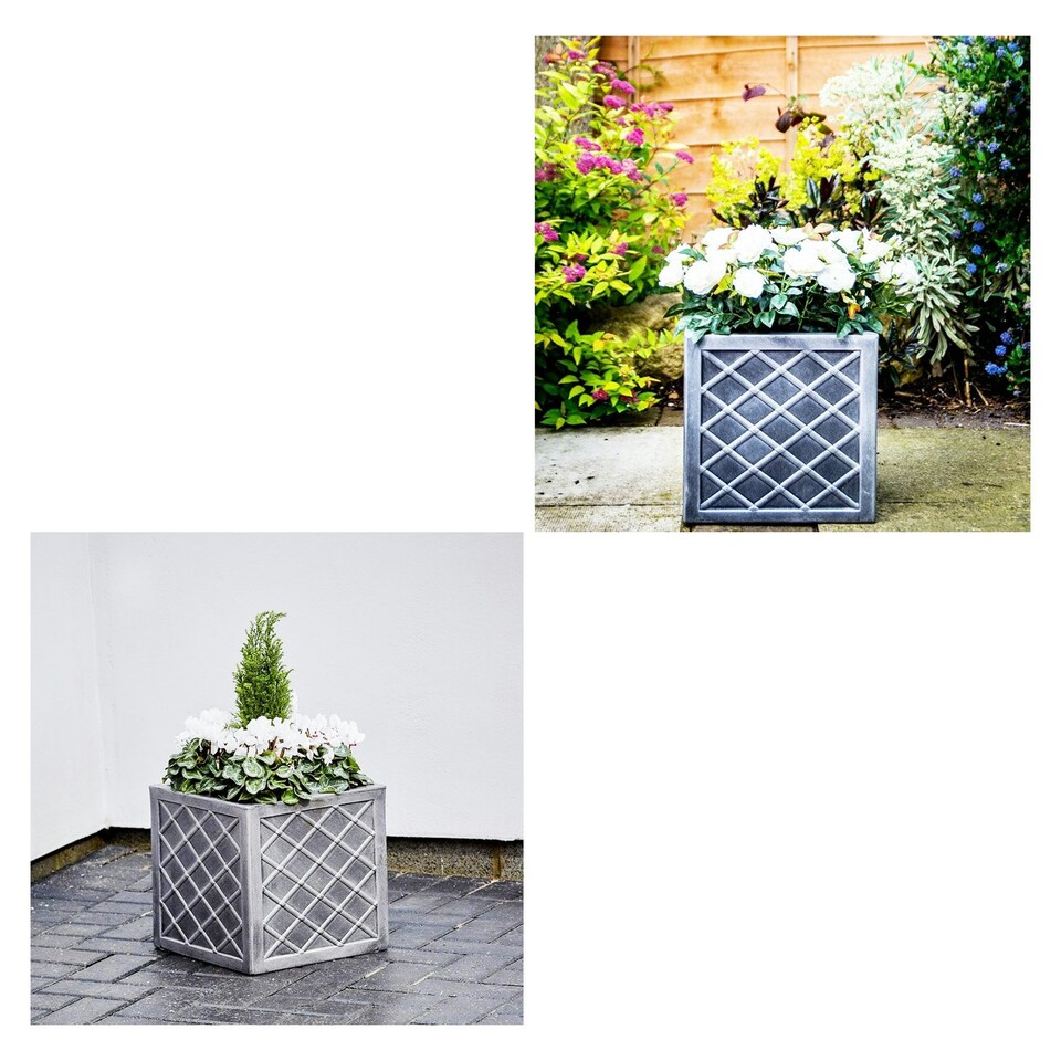 image 1 of 2 x Small Garden Lazio Square Planter Plastic Pot Summer Outdoor Garden Boxes For Home & Office Grey