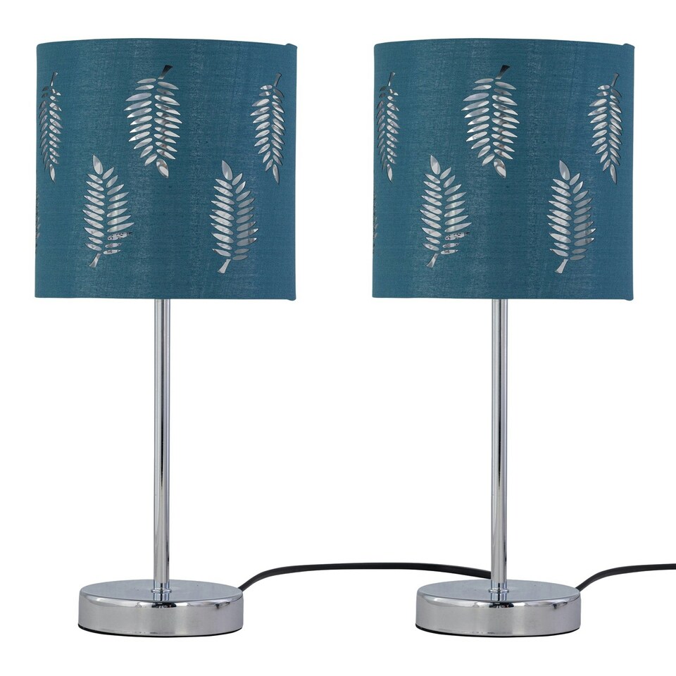 image 1 of First Choice Lighting Set of 2 Chrome Touch Operated Table Lamps with Teal Fern Shades Chrome | Green