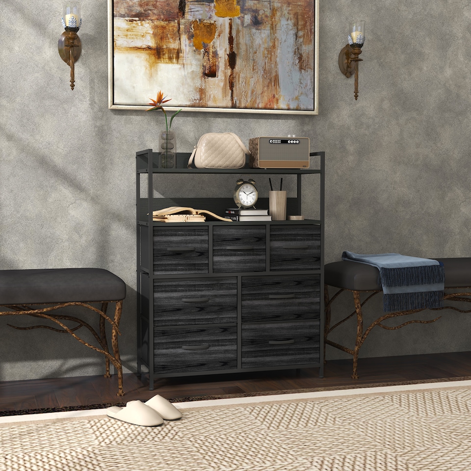image 1 of HOMCOM Bedroom Chest of Drawers, Fabric Dresser with 7 Drawers, Storage Organiser Unit with Open Shelves and Metal Frame for Living Room, Entryway, Black | Black | Black
