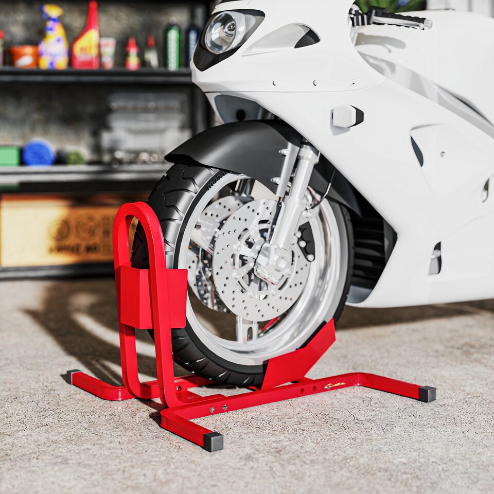 image 1 of HOMCOM Adjustable Motorcycle Wheel Chock Motorbike Holder with Metal Frame | Red | Red | 60cmx55cmx43cm