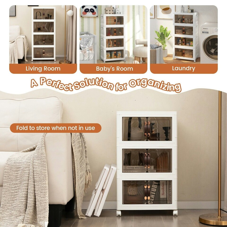 image 1 of COSTWAY 4 Pack Stackable Storage Cabinet Folding Organizer White