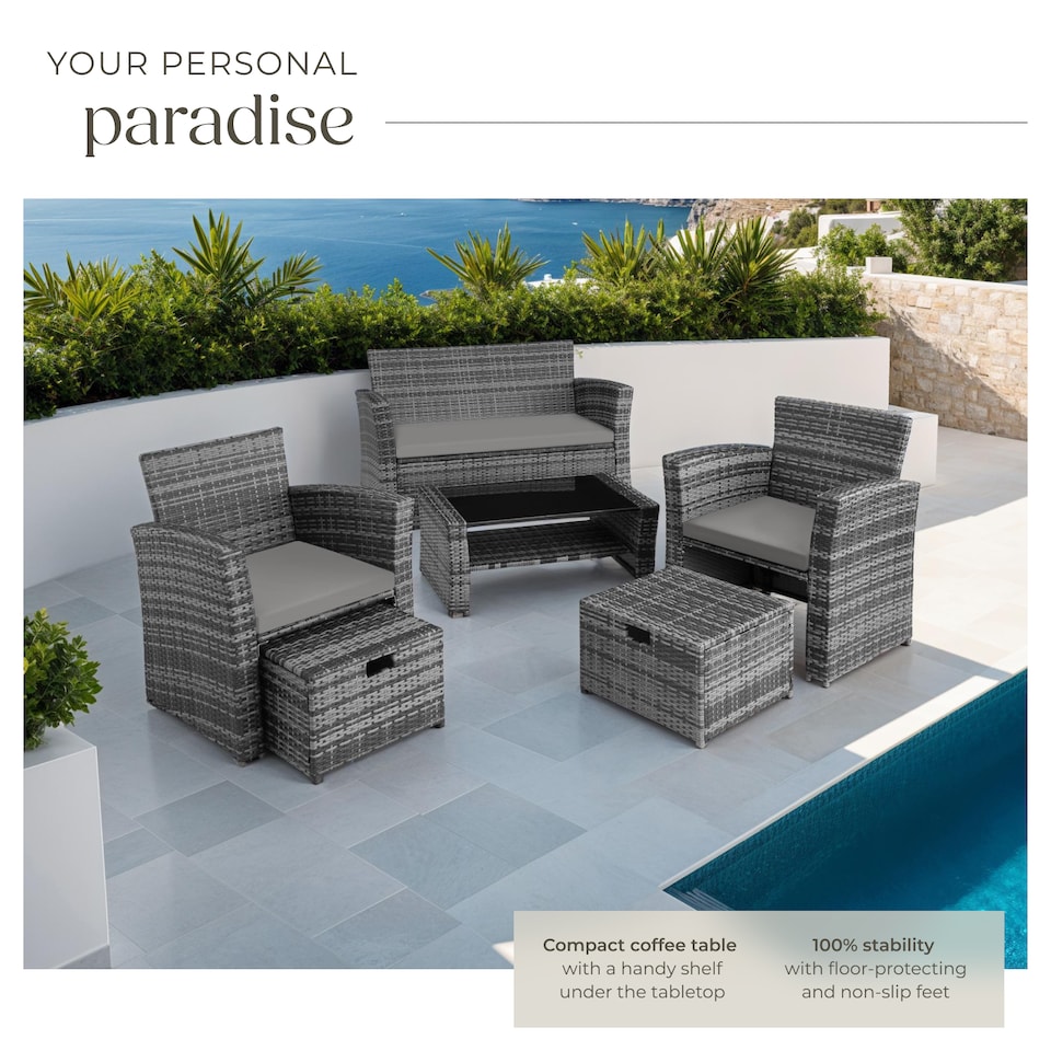 image 1 of Garden Furniture Set Modena- sofa with storage, armchairs, stools, coffee table | Grey | grey | 129 x 68,50 x 75 cm | 1