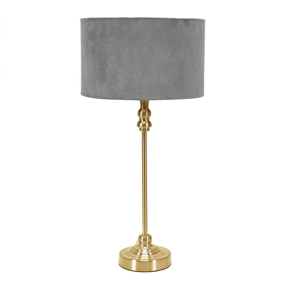 image 1 of ValueLights Maggie Gold Candlestick Table Lamp Grey Velvet Shade & Bulb | Gold