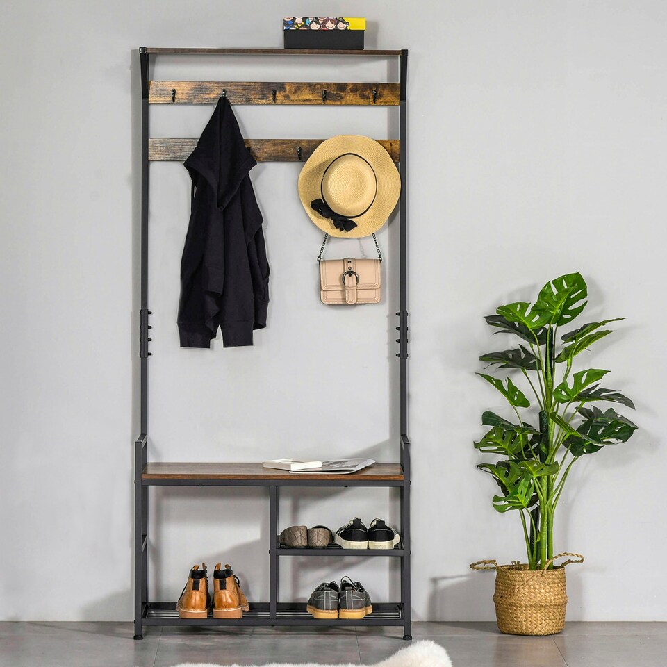 image 1 of HOMCOM Coat Rack Stand Shoe Storage Bench for Bedroom Living Room Entryway