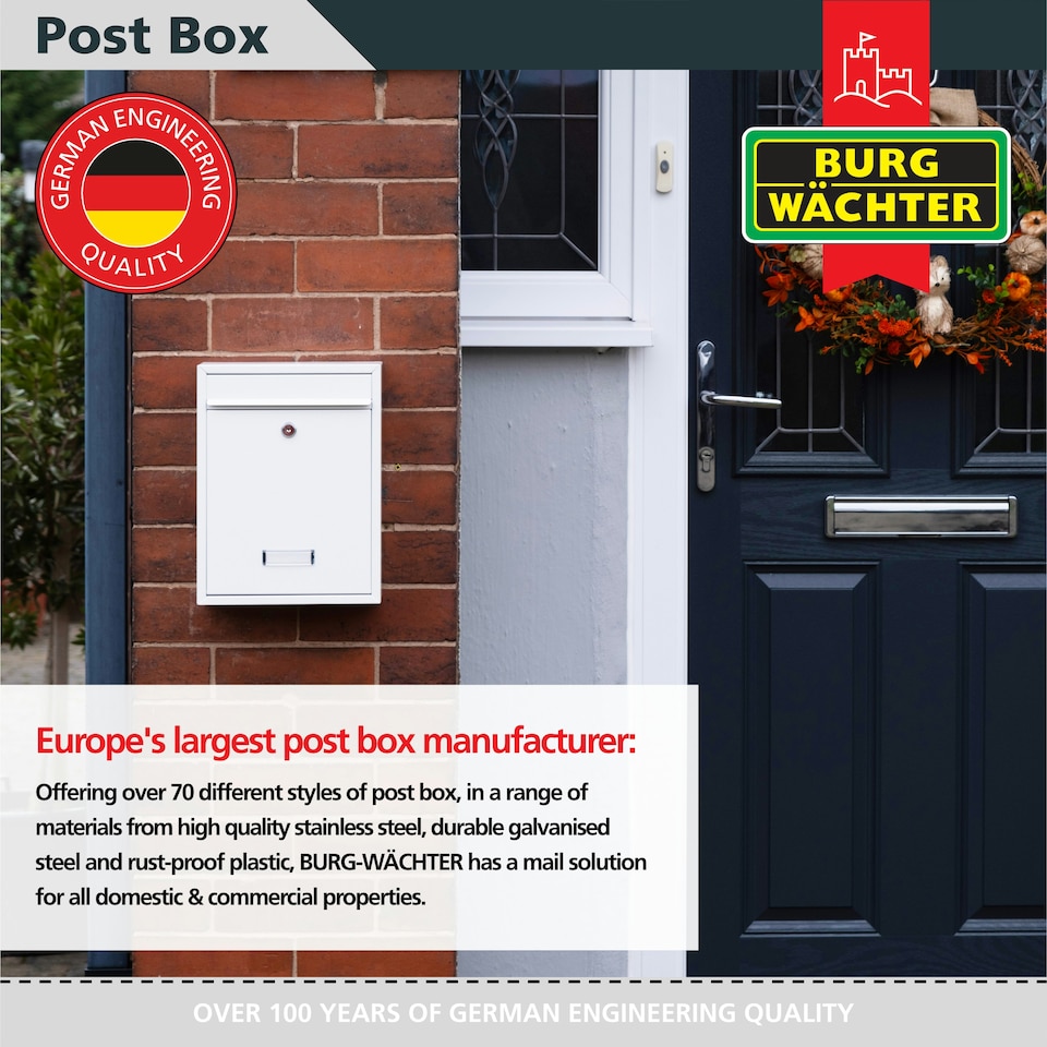 image 1 of Burg-Wachter Trent Wall Mounted Galvanised Steel Lockable Post Box - 26x34x9cm White