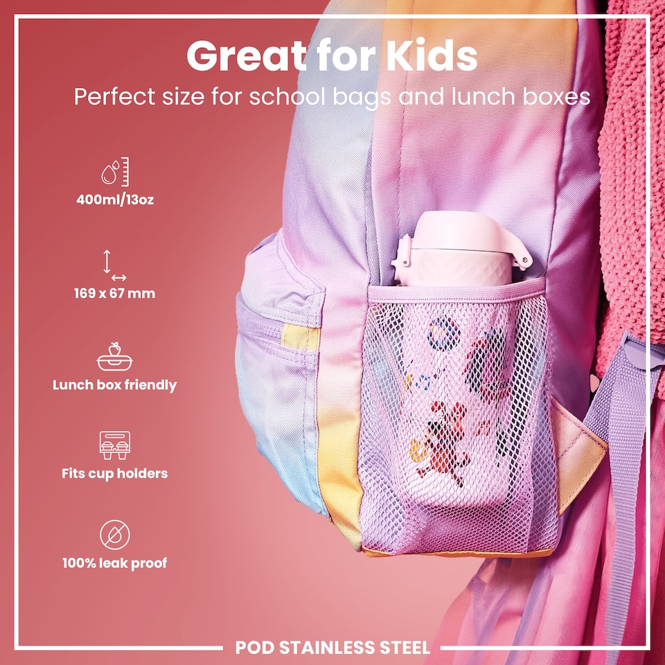 image 1 of Leak Proof Kids Water Bottle, Stainless Steel, 400ml (13oz) | Purple | Animal Band | One Size