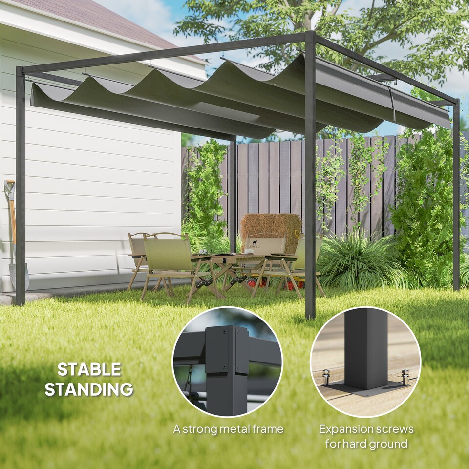 image 1 of Outsunny 4 x 3(m) Metal Outdoor Pergola with Retractable Roof, Outdoor Gazebo with Drainage Holes for Garden, Patio, Lawn, Grey
