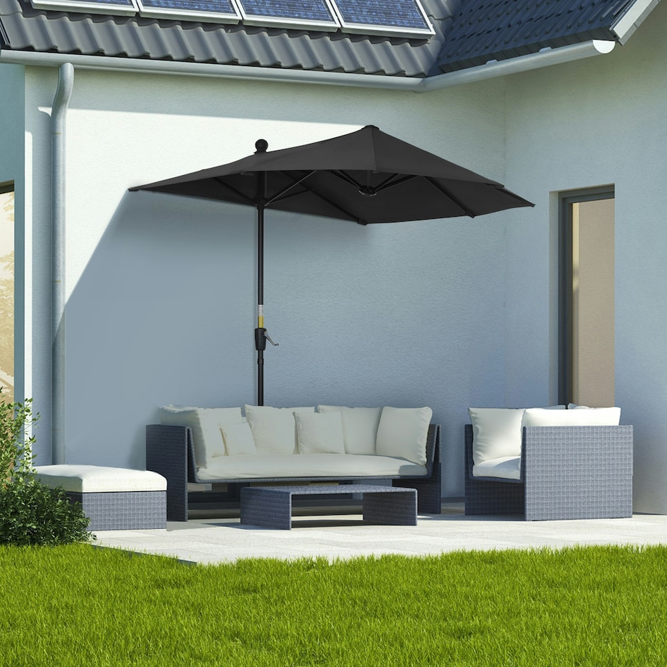 image 1 of Outsunny 2m Half Garden Parasol Market Umbrella w/ Crank Handle, Base Dark Grey