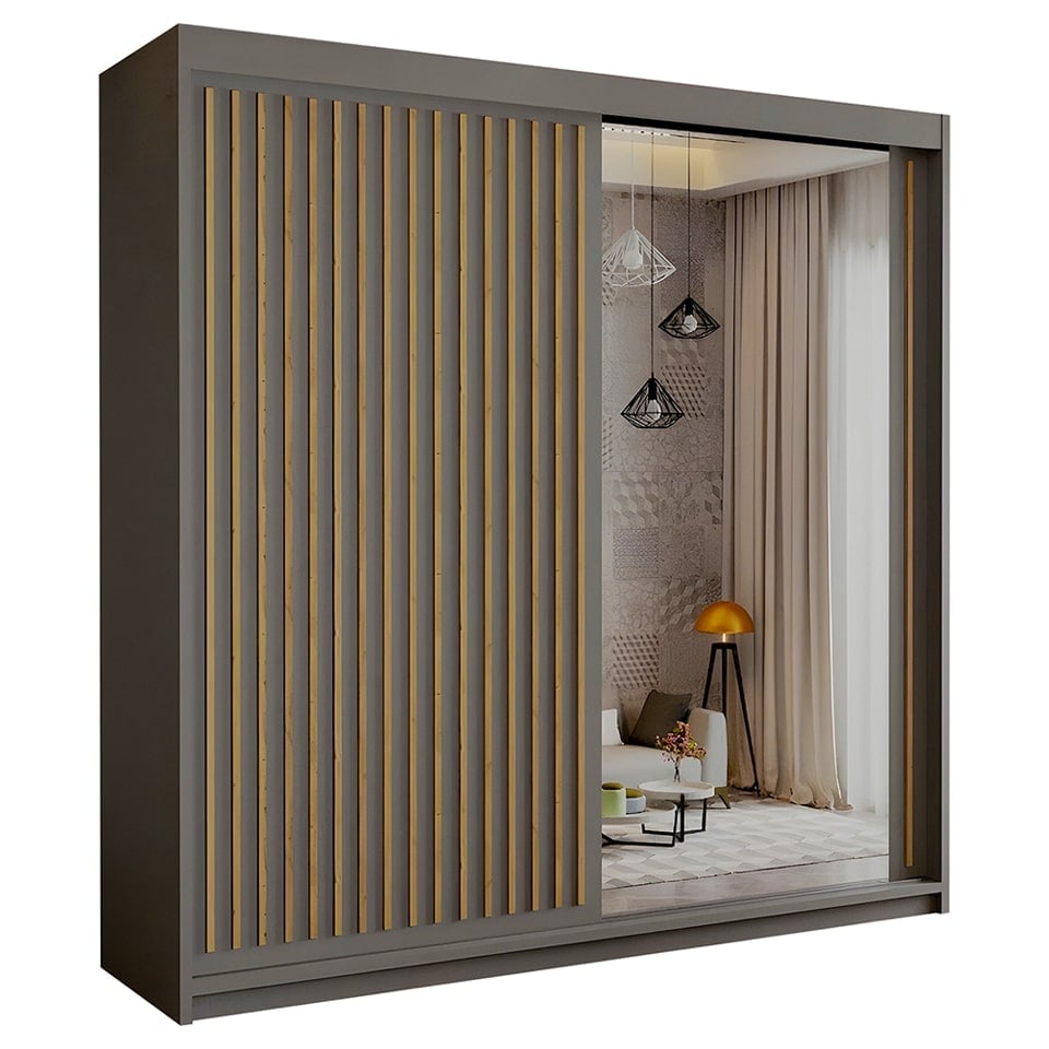 image 1 of Sliding Wardrobes 4U Modern Vertical Panelled Mirror Sliding Wardrobe – 150cm to 250cm, White, Black, Grey, Oak | Grey | Grey 150cm
