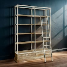 Display Unit With Moveable Ladder,Shelf Unit With Storage Drawers,Wall Shelving Unit,Pine Wood Bookcase Brown