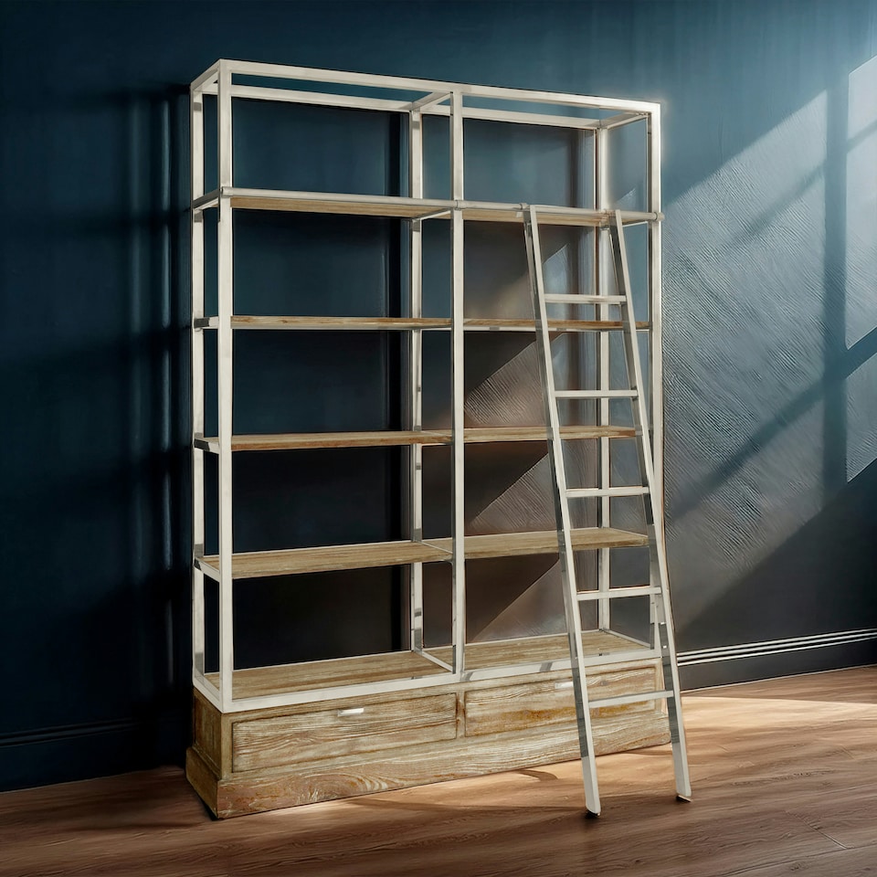 image 1 of Display Unit With Moveable Ladder,Shelf Unit With Storage Drawers,Wall Shelving Unit,Pine Wood Bookcase Brown