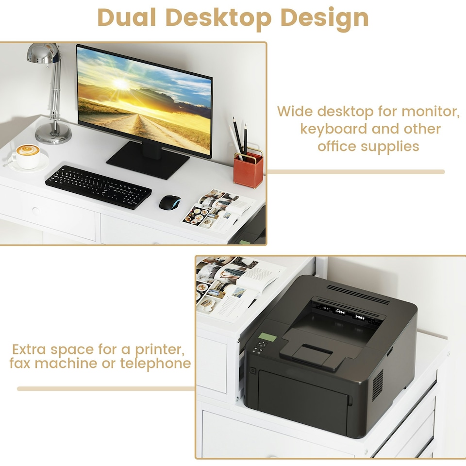 image 1 of COSTWAY Computer Desk with 5 Drawers and Side File Cabinet White White
