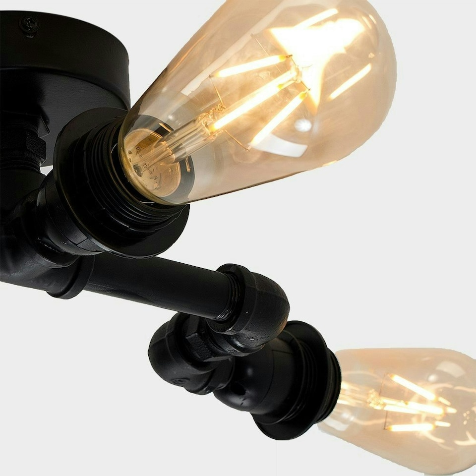 image 1 of ValueLights Industrial Steampunk Style 3 Way Satin Black Staggered Pipework Ceiling Light