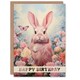 image 1 of Pink Bunny Rabbit Butterfly Flowers For Her Birthday Card
