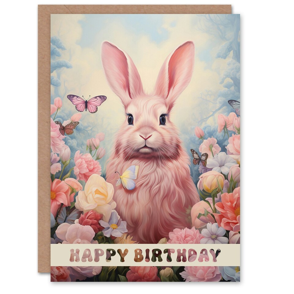 image 1 of Pink Bunny Rabbit Butterfly Flowers For Her Birthday Card