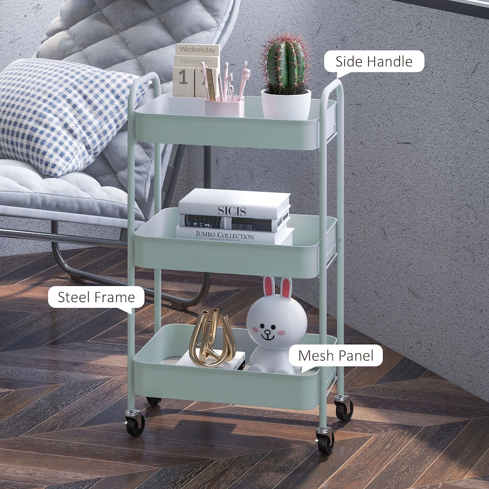 image 1 of HOMCOM 3-tier Storage Trolley on Wheels, Metal Storage Cart, Rolling Ultility Cart with 3 Mesh Baskets for Living Room, Kitchen, Light Blue