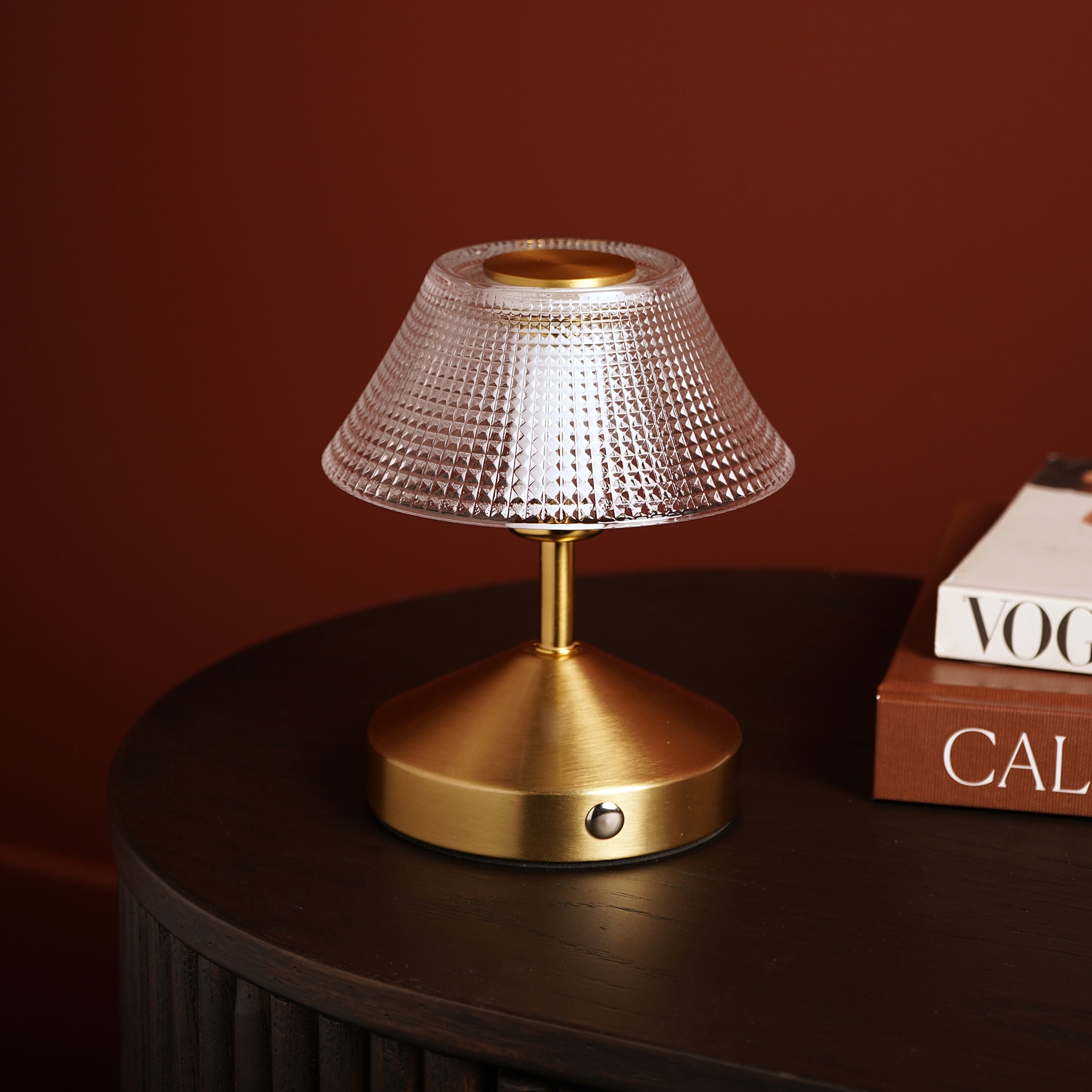 Hestia Small Etched Glass Bronze USB LED Touch Table Lamp in Gold