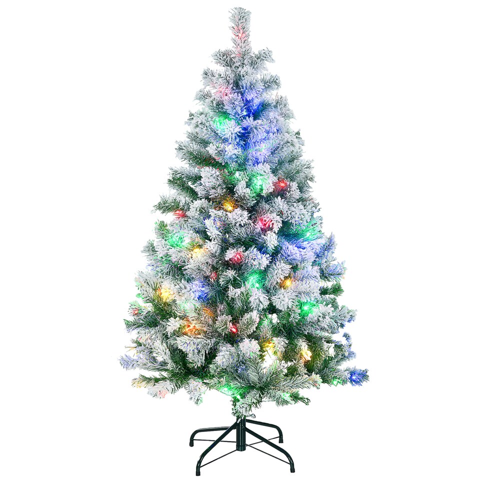 image 1 of HOMCOM 4.5ft Prelit Snow Flocked Artificial Christmas Tree Xmas Tree with 150 Colourful or Warm White LED Lights  Green