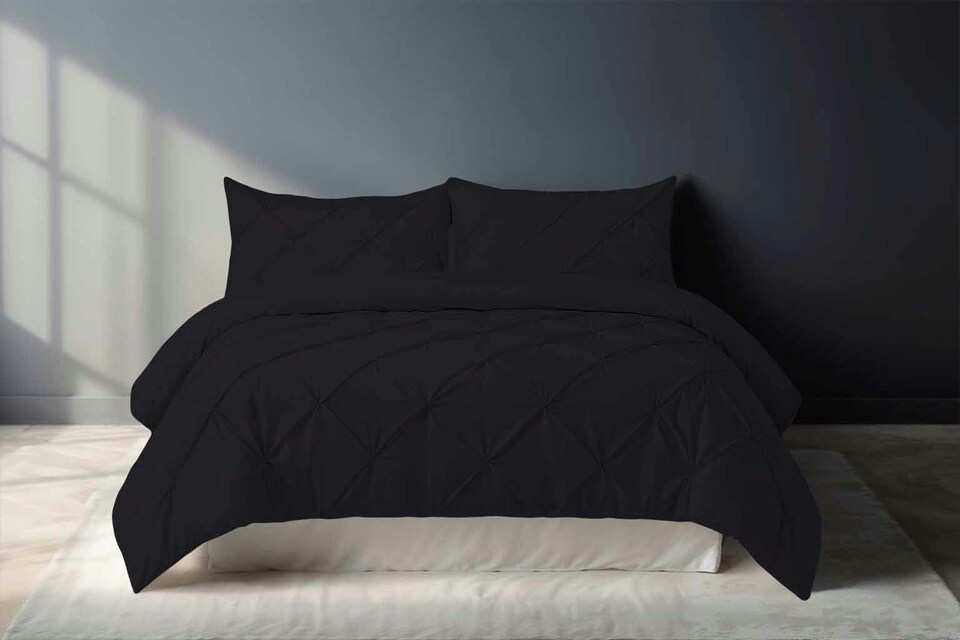 image 1 of Pintuck Pinch Pleated Polycotton Duvet Cover And Pillowcase/s Set Bed Linen Black | Black | Single