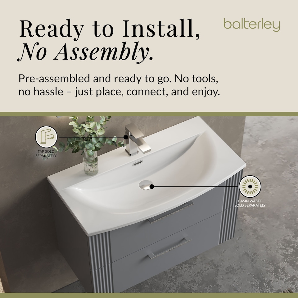 image 1 of Balterley Partial Fluted 2 Drawer Wall Hung Vanity Unit with 1 Tap Hole Curved Basin | Grey | Satin Grey