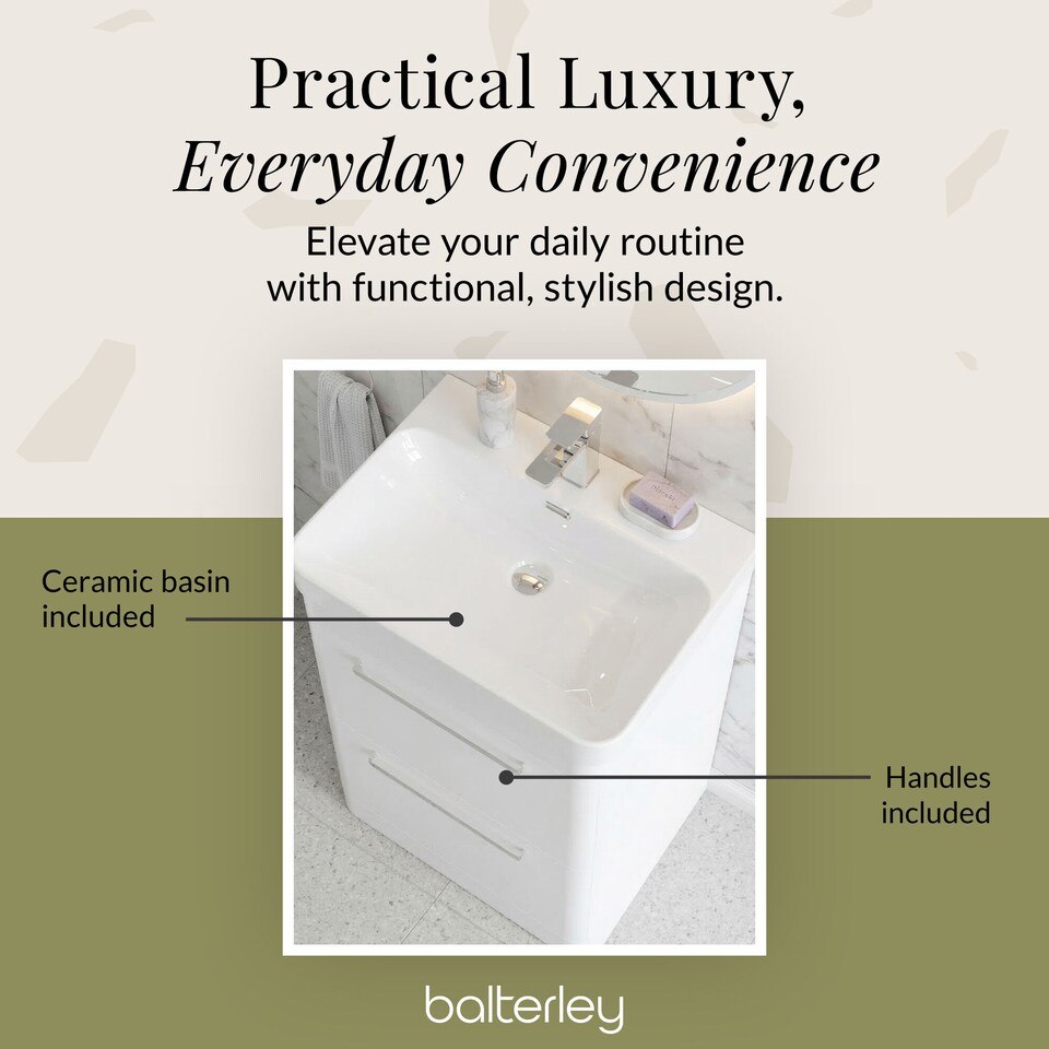 image 1 of Balterley Wall Hung 2 Drawer Vanity Unit with Ceramic Basin | White | Pure White | 562 x 607 x 460mm
