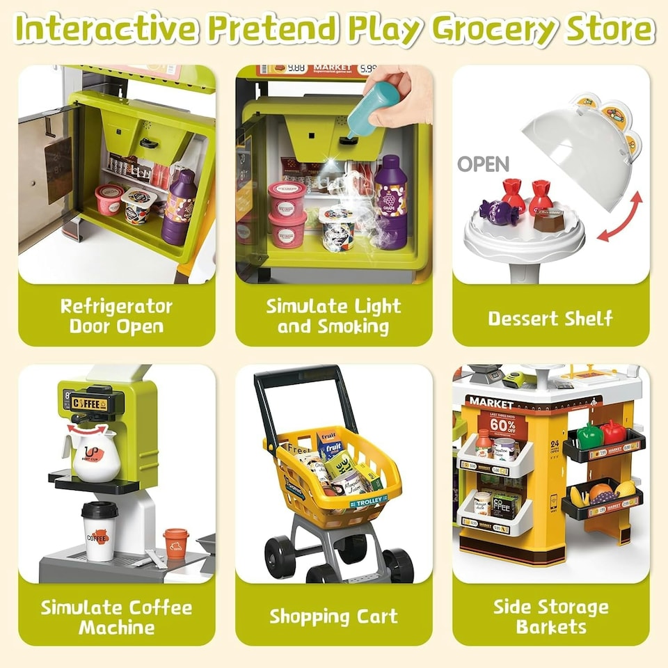 image 1 of Kids Supermarket Pretend Play Set - Cash Register with Scanner, Lights & Sounds, Shopping Cart, 65 Accessories, Play Money, Food Items & Freezer Smoke Effect, Educational Role Play Toy for Ages 3+