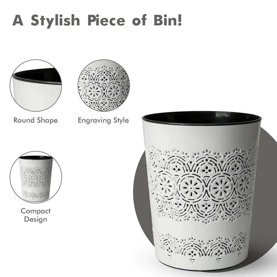 image 1 of Blue Canyon White Flora 9L Waste Bin Stylish Plastic Rubbish Container for Office Kitchen Bathroom and Home Use