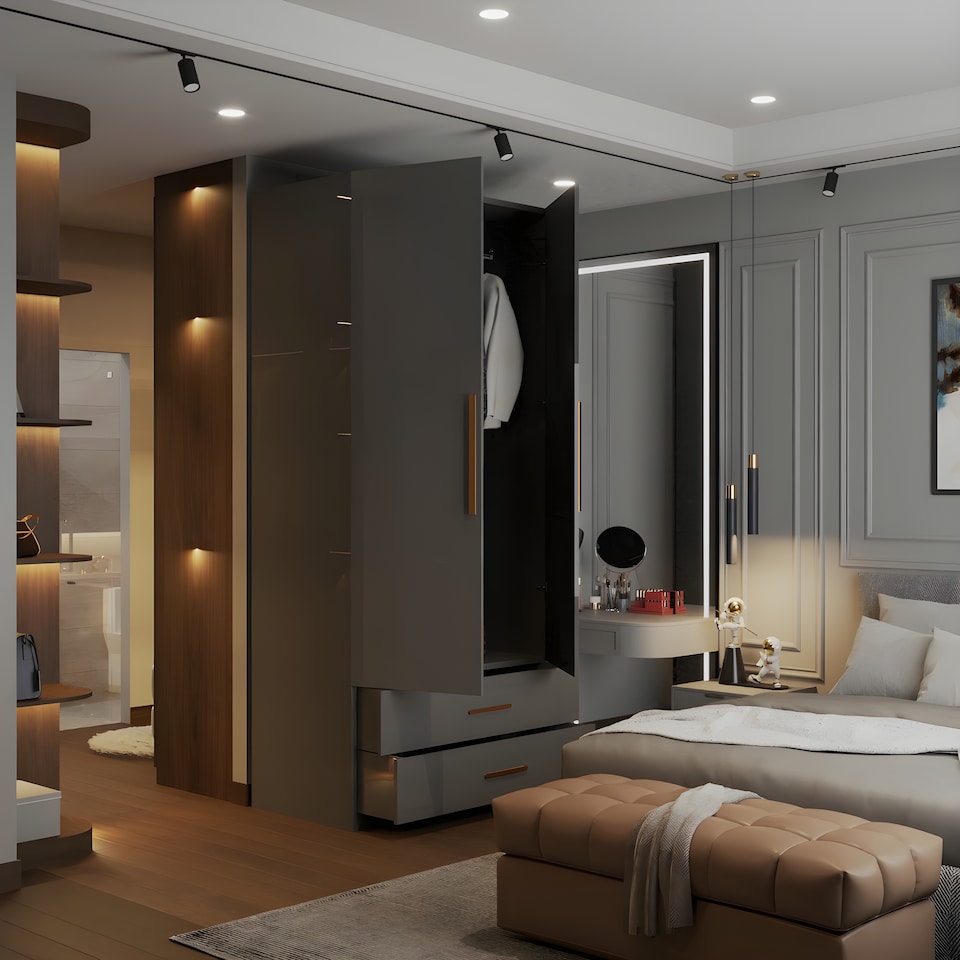 image 1 of Modern 2 Door High Gloss Wardrobe with Mirror, Drawers & Hanging Rail