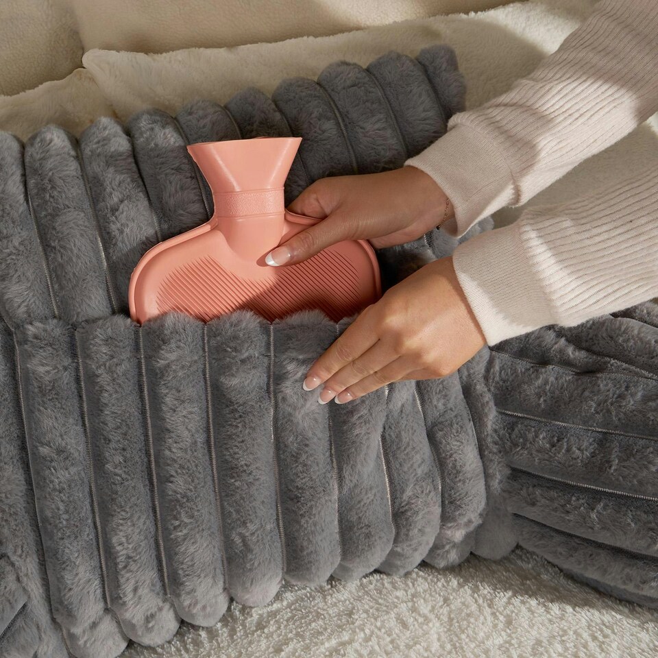 image 1 of OHS Faux Fur Ribbed Heatable Pocket Bed Reading Cuddle Cushion, 65x40cm - Grey