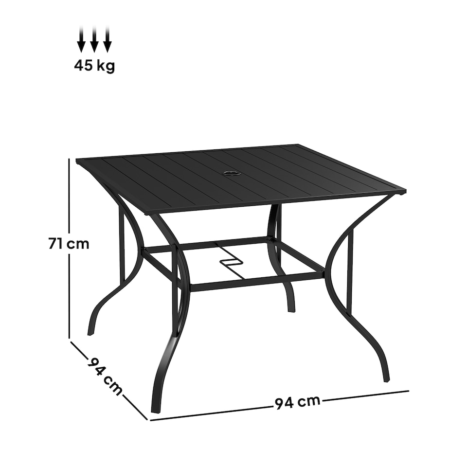 image 1 of Outsunny 94 x 94 cm Garden Dining Table with Parasol Hole, Square Patio Table with Slatted Metal Plate Top, Black