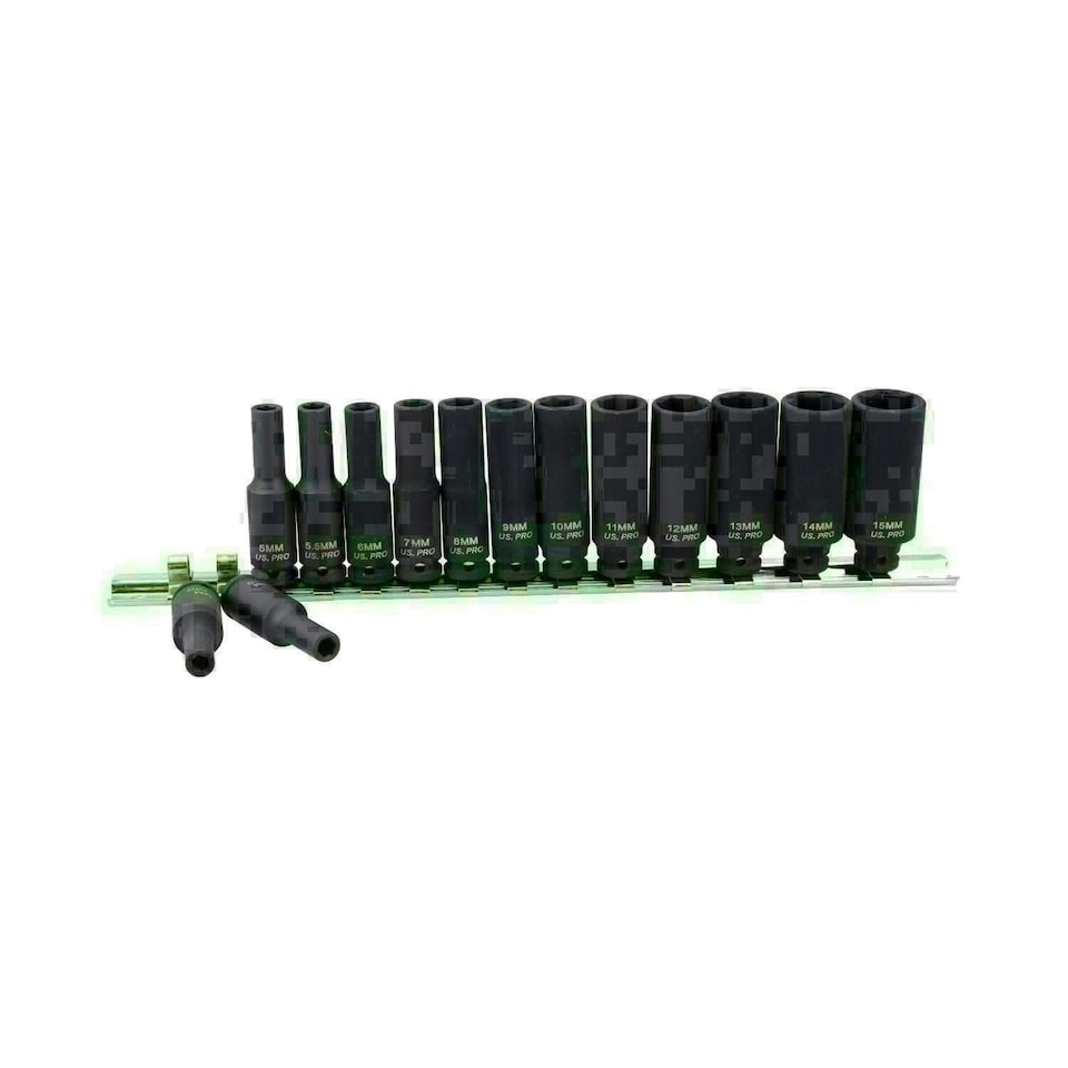 image 1 of 1/4" Drive Deep Metric Impact Sockets 6 Sided 14pc 4mm - 15mm U S Pro Tools