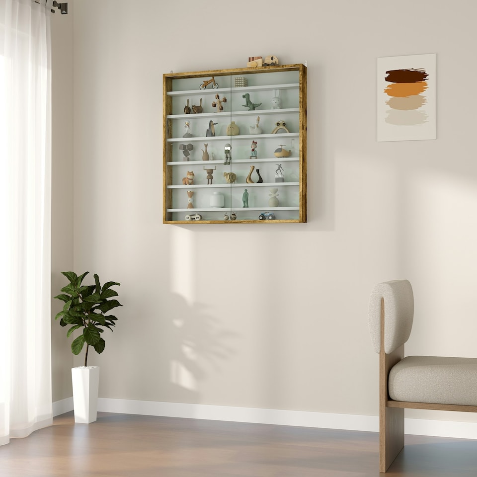 image 1 of HOMCOM Wall Display Cabinet w/ Shelves Glass Doors Brown