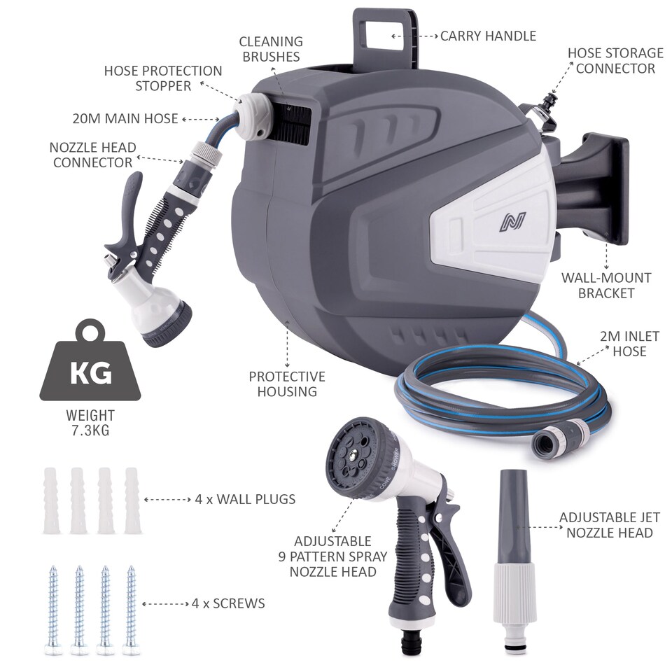 image 1 of NETTA Retractable Hose Reel with Auto Rewind, 180° Swivel and 9-Function Spray Gun