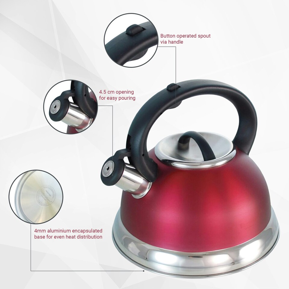 image 1 of Buckingham Stainless Steel Retro Whistling Kettle 3 Litre Red