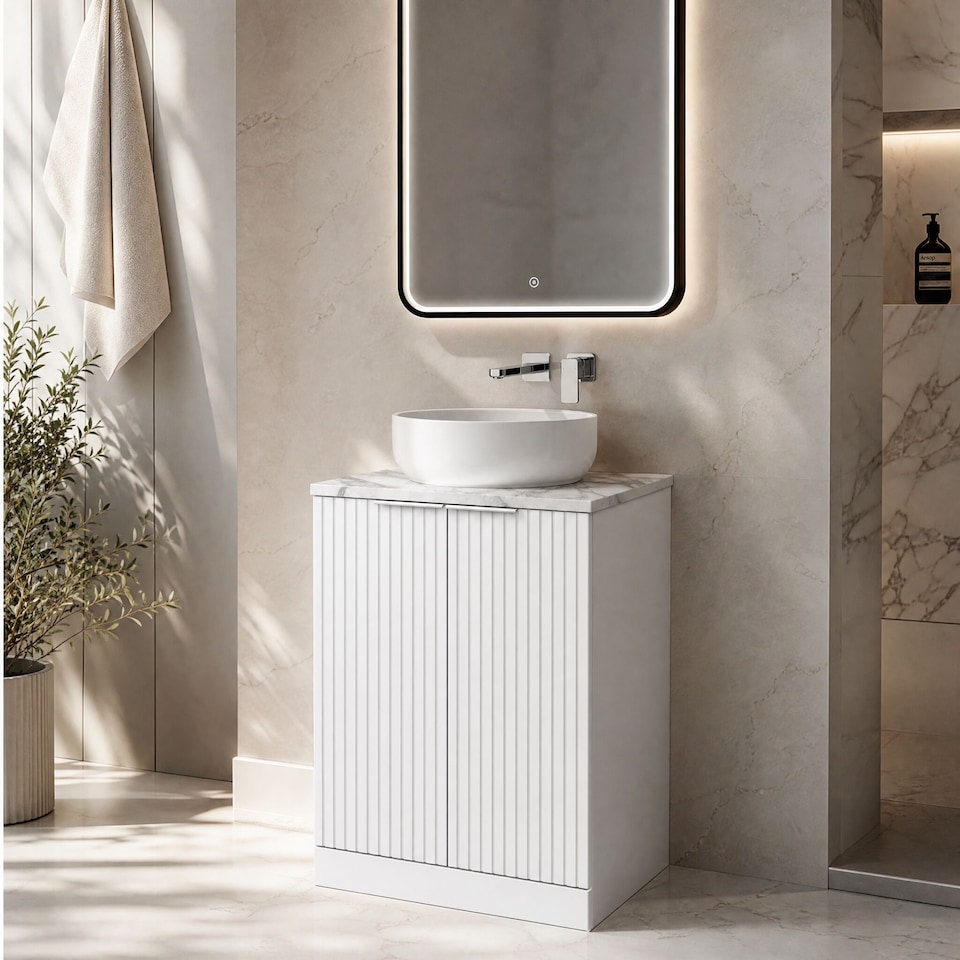 image 1 of Balterley Callingwood Contemporary Floor Standing 2 Door Vanity Unit with Carrera Marble Laminate Worktop , 600mm, Matt White