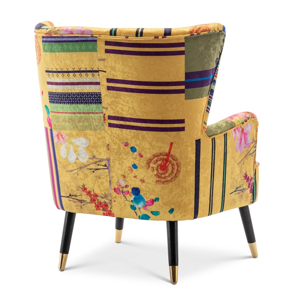 image 1 of Fabric Gold Patchwork Victoria Accent Wingback Chair with Footstool