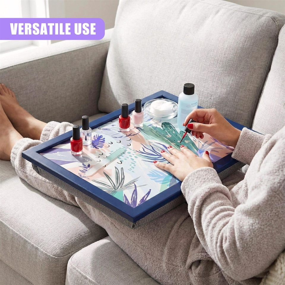 image 1 of GEEZY Palm Leaves Design Wooden Lap Serving Tray with Bean Bag Cushion 44x34cm