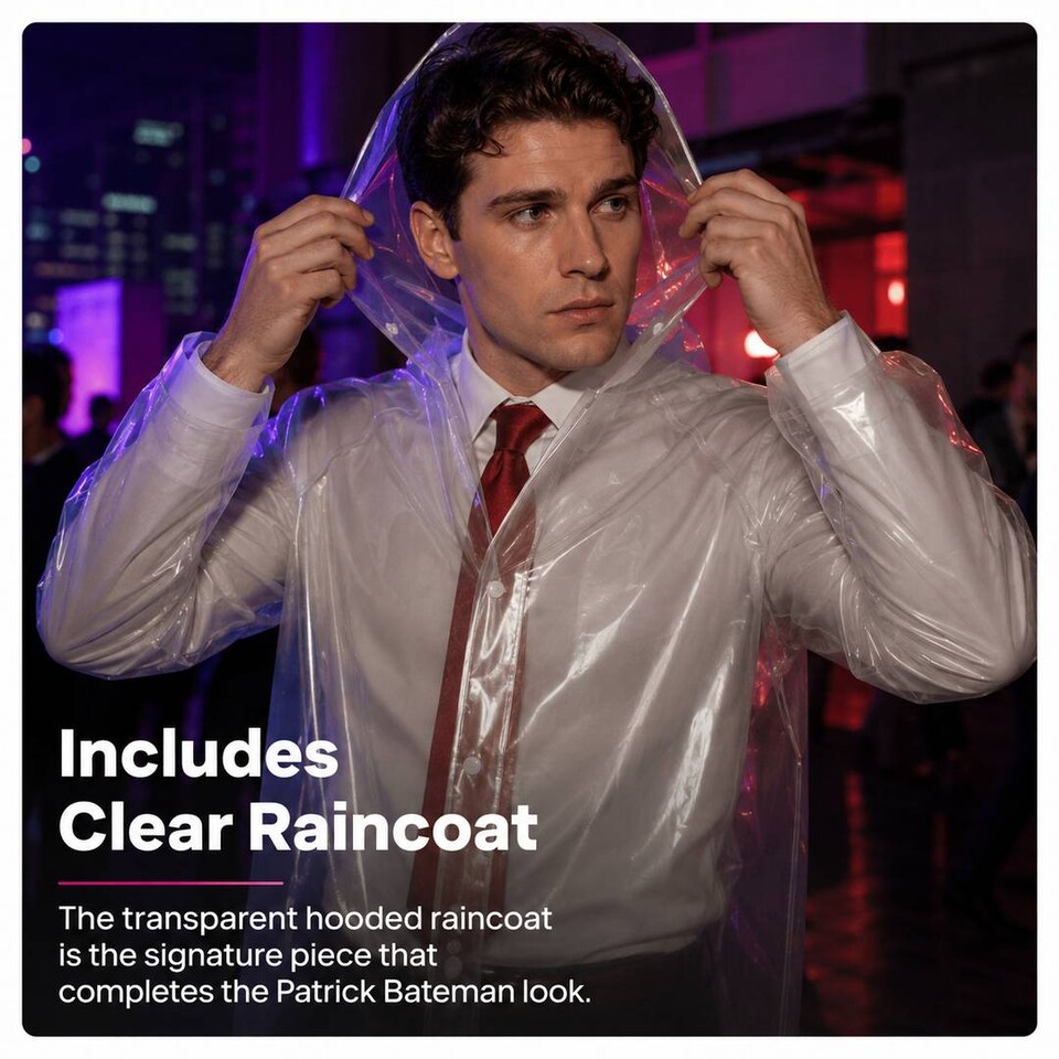 image 1 of Mens Halloween Businessman Serial Killer Costume Set - Raincoat, Tie, Fake Axe & Business Card