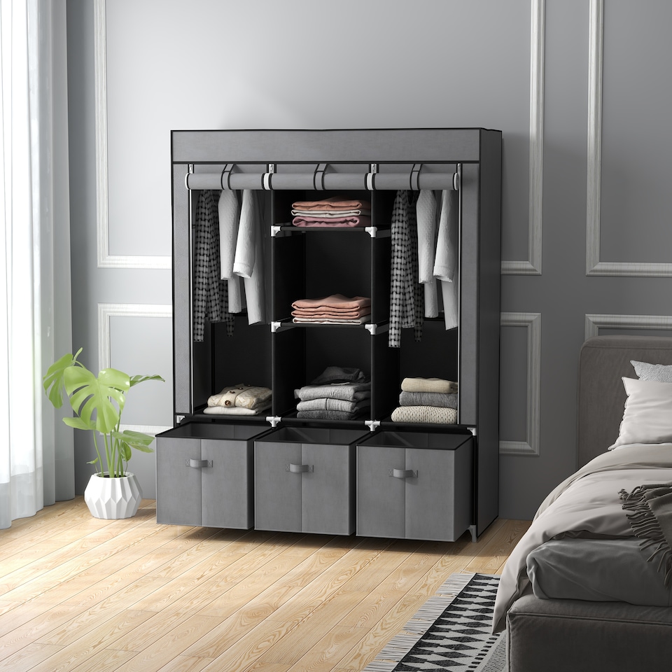 image 1 of HOMCOM Fabric Wardrobe for Bedroom, Portable Wardrobe with 5 Shelves, 2 Hanging Rails and 3 Fabric Drawers, Foldable Closet, 125 x 43 x 162.5cm, Dark Grey
