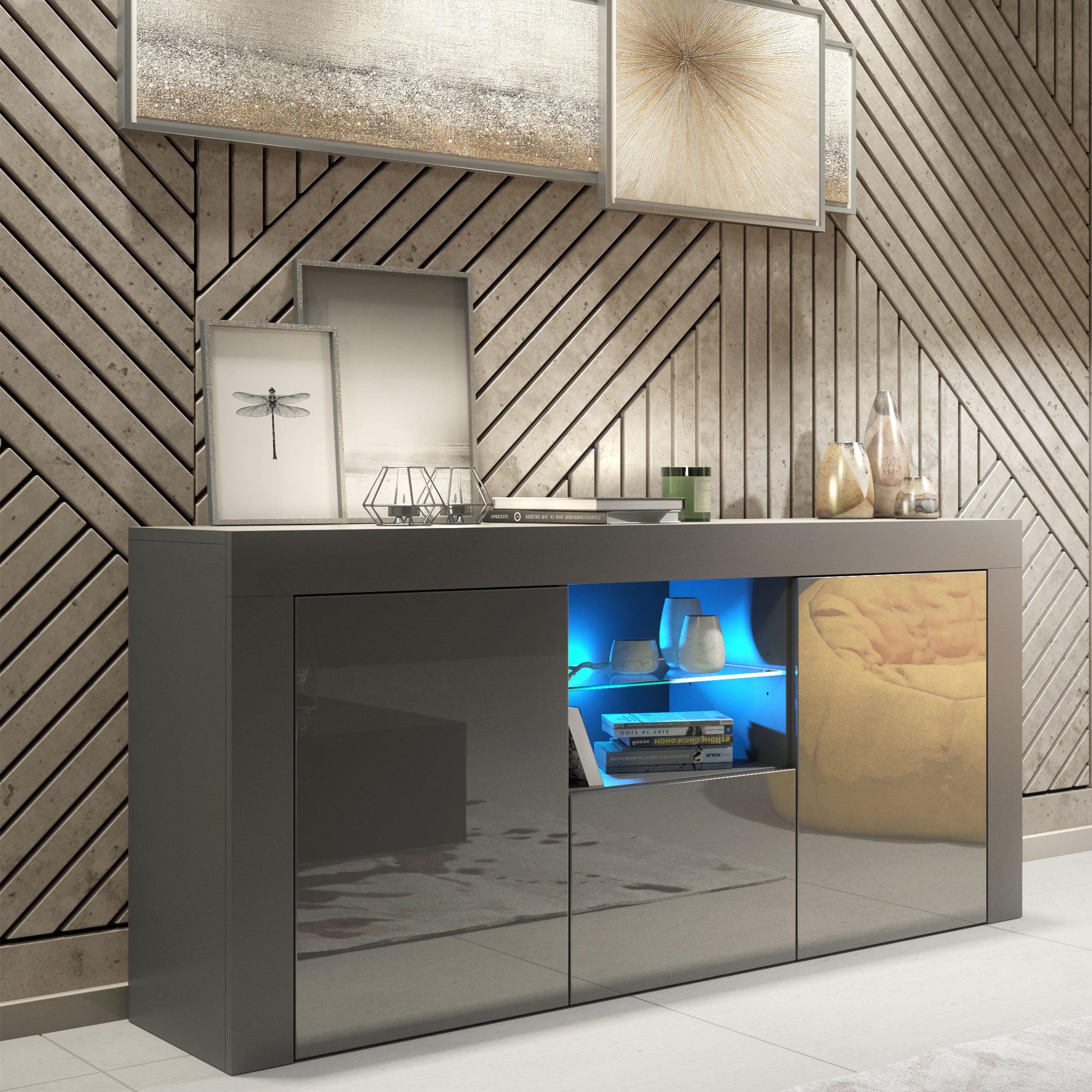 TV Unit TV Stand Sideboard Media Cabinet Storage Cabinet Grey High Gloss LED 145cm