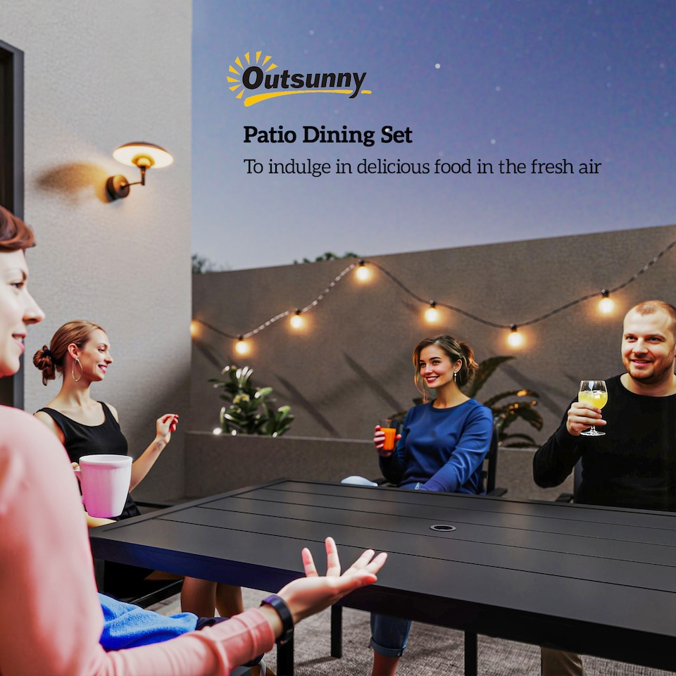 image 1 of Outsunny 7 PCs Garden Dining Set w/ Stackable Chairs and Metal Top Table, Black | Black