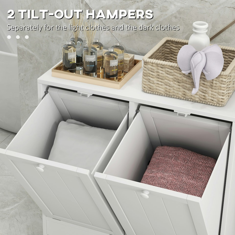image 1 of kleankin Tilt-out Laundry Storage Cabinet with 2 Compartment Hampers, White