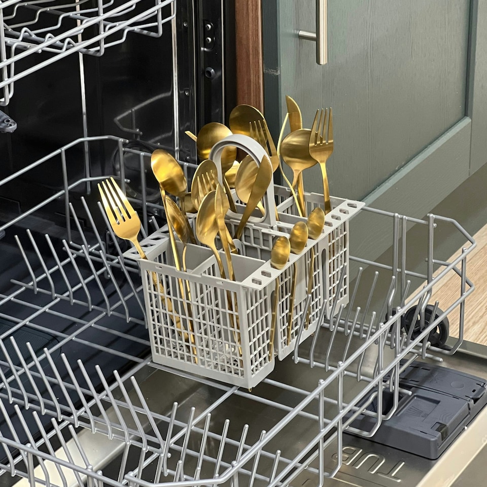 image 1 of SPARES2GO Cutlery Cage Basket compatible with Lamona Howdens Dishwasher (Grey, Removable Handle, 225mm)