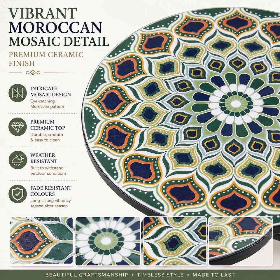 image 1 of Mosaic Bistro Set with Round Table and Two Folding Chairs for Garden Patio Balcony and Outdoor Dining