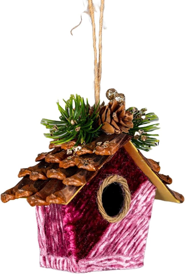 image 1 of Pink Burgundy Birdhouse 10x11cm - Christmas Tree Hanging Decorations Ornaments Fairy Tale Themed