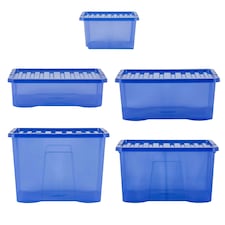 Wham Crystal 5 x Multisize Stackable Plastic Storage Boxes with Lids Tint Spectrum Blue Blue