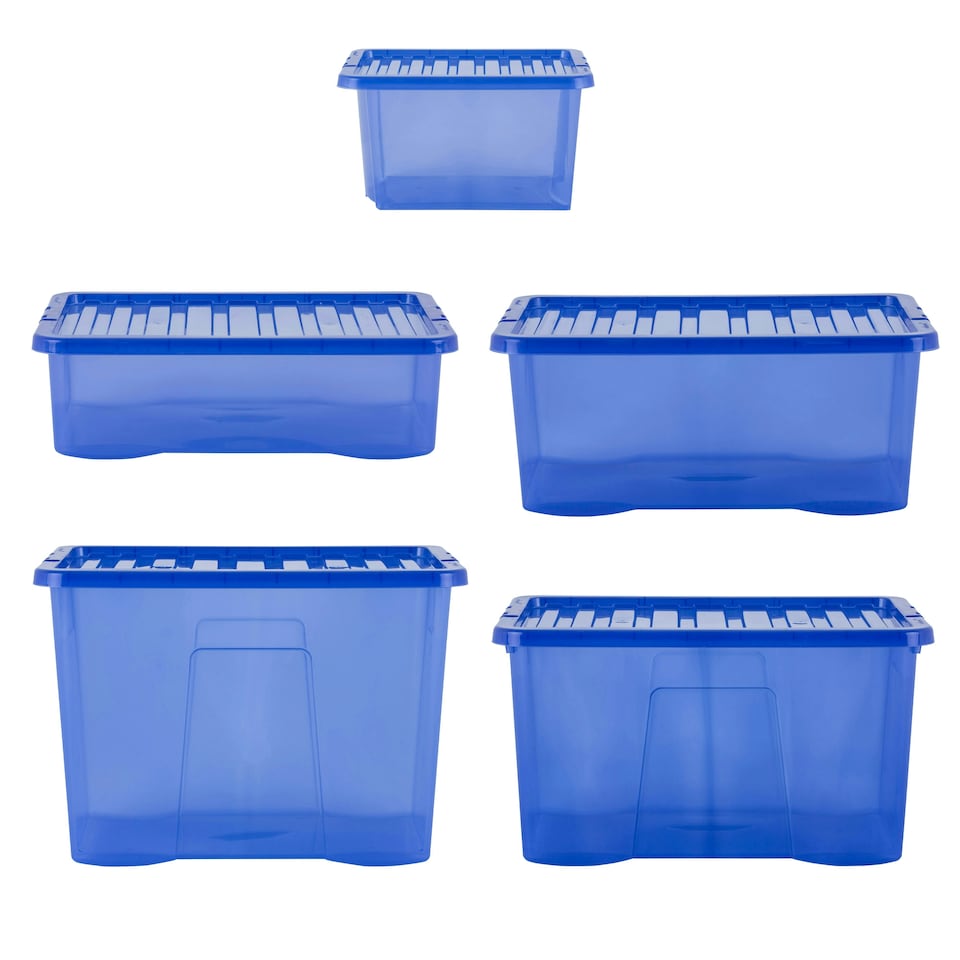 image 1 of Wham Crystal 5 x Multisize Stackable Plastic Storage Boxes with Lids Tint Spectrum Blue Blue