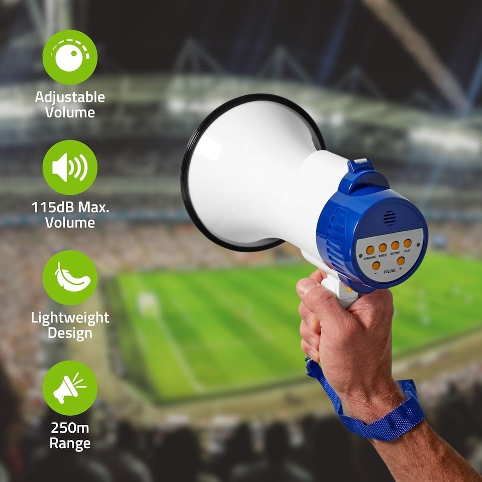 image 1 of NEDIS 10W Megaphone, 250m Range with Built-in Microphone, Siren, Adjustable Volume, Record Function - White & Blue