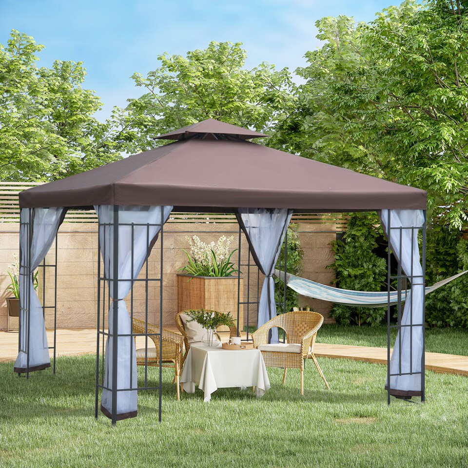 image 1 of Outsunny 3 x 3m Patio Gazebo Canopy Garden Pavilion Tent Shelter with 2 Tier Roof and Mosquito Netting, Steel Frame, Coffee